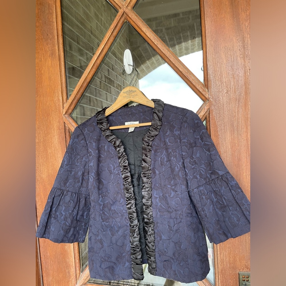Ann Taylor Loft Jacquard Ruffle Bell Sleeve Open Blazer